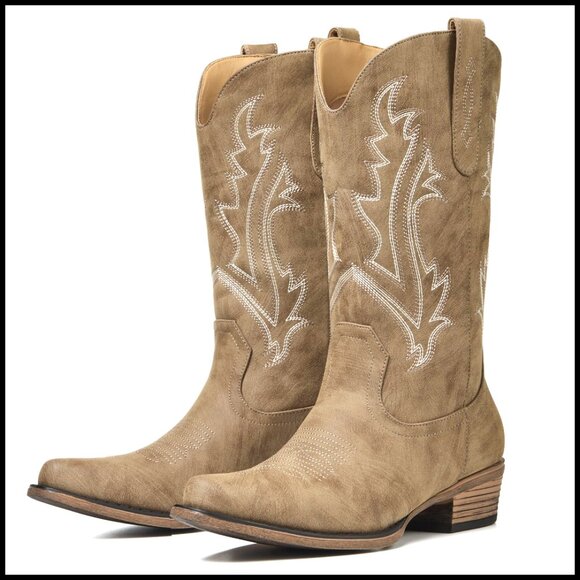 Pointed Toe Cowboy Boots with Chunky Heel Embroidered Western Boots for Women